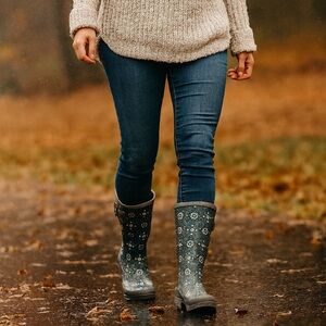 Chooka Eastlake Isa Mid‎ Rain Boot Wellie Mandala Print Gray Womens 6